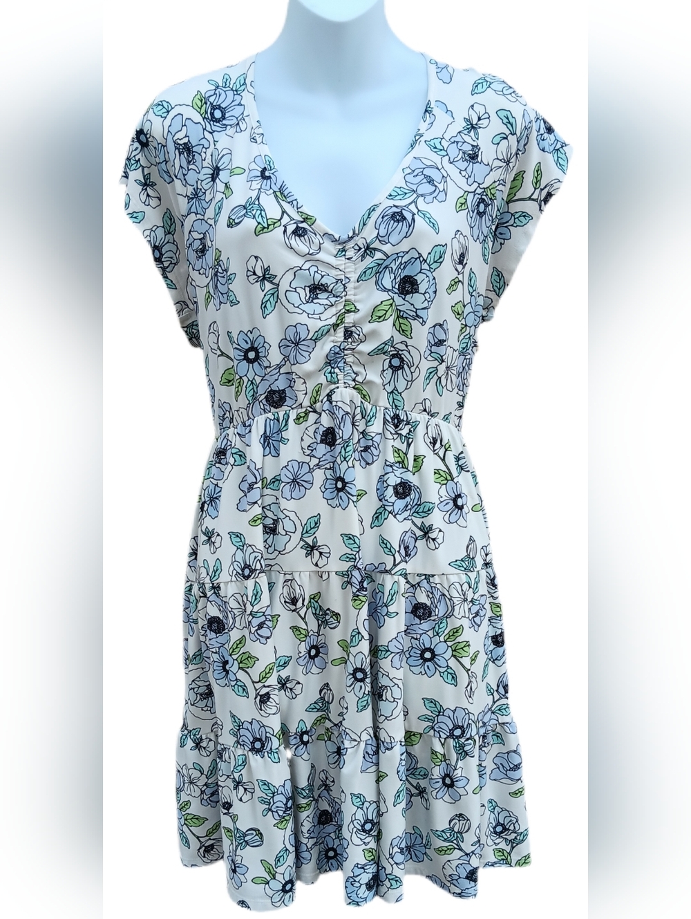 Blue And White Floral V-neck Dress Short Sleeves 3XL